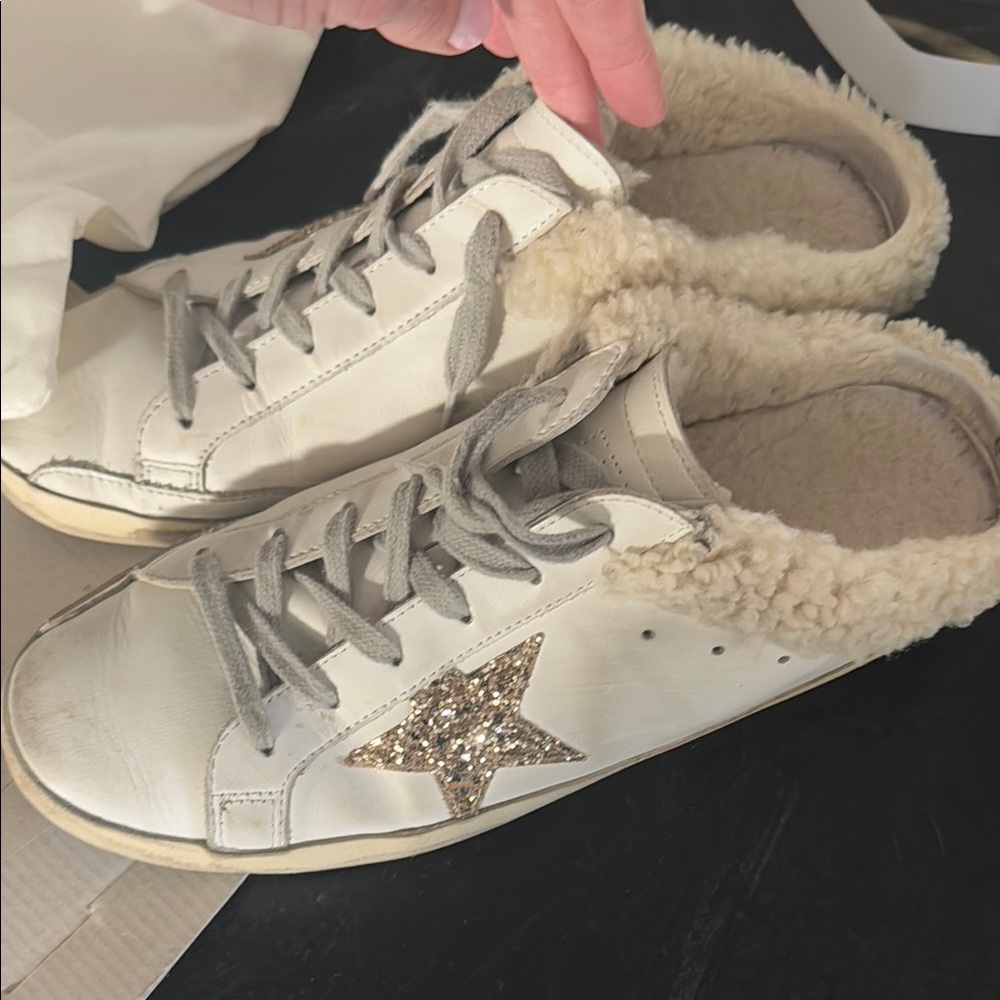 White and Gold Sneakers with Star Design and Fur Lining